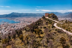 Panoramic view of city Palermo, Sicily, Italy. Winding climb park Belvedere of Monte Pellegrino