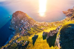 View from flying drone. Unbelievable morning view of Zafferano cape. Spectacular spring seascape of Mediterranean sea, Sicily, Italy, Europe. Beauty of nature concept background..