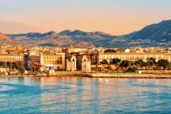 Sunrise at Mediterranian sea Sicily Palermo old city reflex